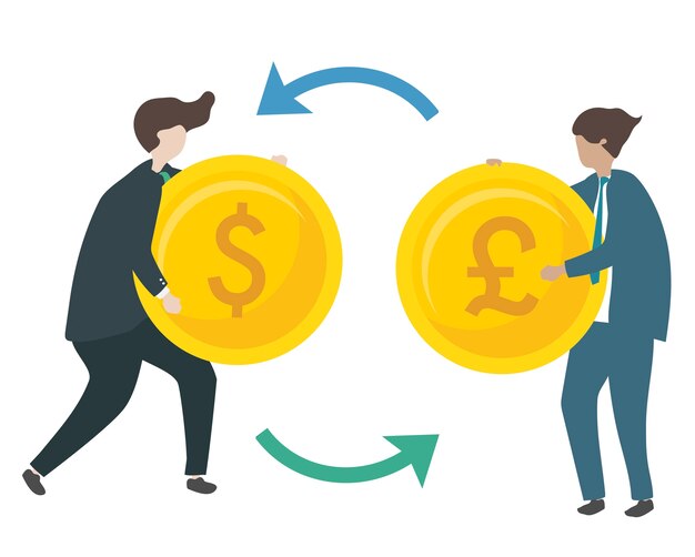 Ilustración de personajes intercambiando moneda.