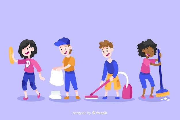 Ilustración de personajes minimalistas haciendo colección de tareas domésticas