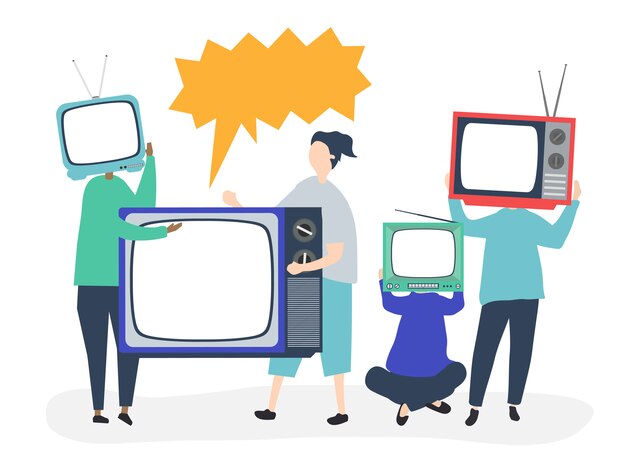Ilustración de personajes de personas con iconos de TV analógicos.