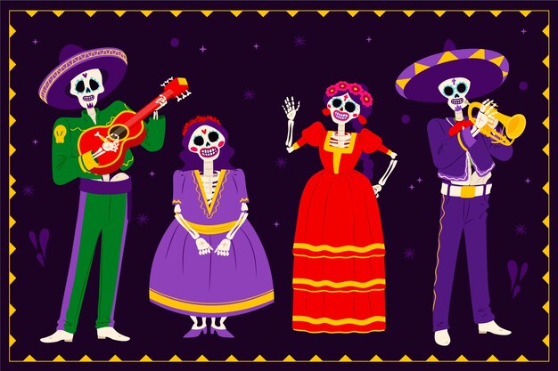 Ilustración de personajes planos para la celebración del día de muertos.