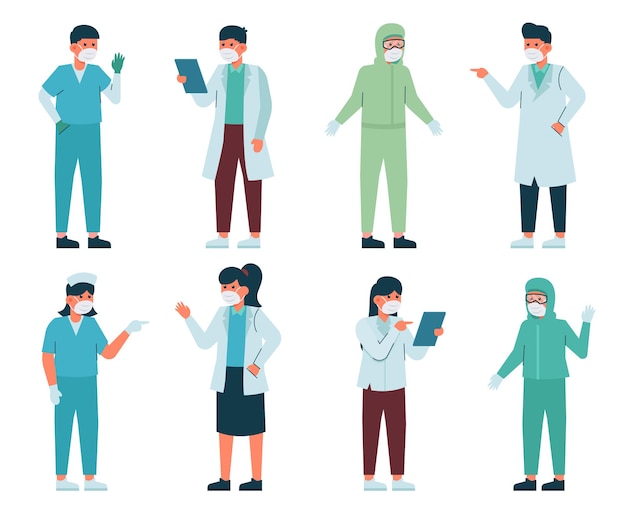 Vector gratuito ilustración de personal médico en varios equipos para realizar tareas en hospitales, doctoras, médicos masculinos, enfermeras y personal, como exámenes, tratamientos, cirugías, atención al paciente y otros servicios.