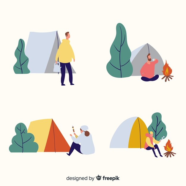 Ilustración de personas acampando en la naturaleza