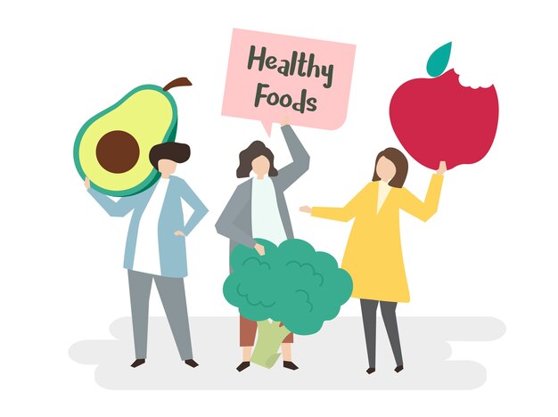 Ilustración de personas con alimentos saludables.