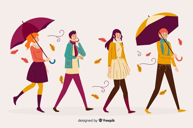 Ilustración de personas caminando en otoño