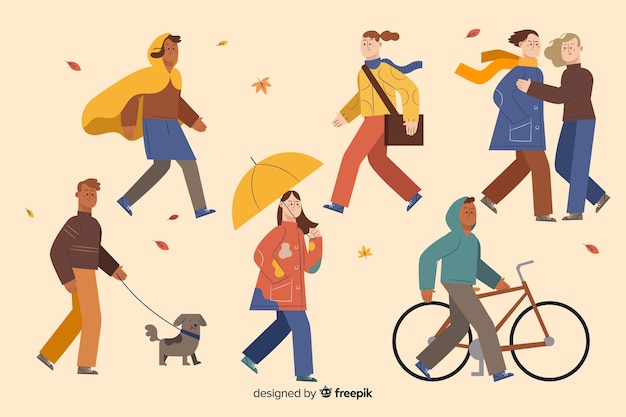 Ilustración de personas caminando en otoño