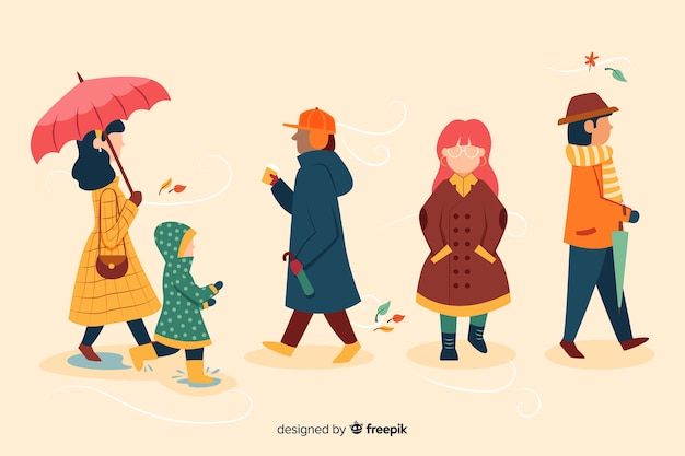 Ilustración de personas caminando en otoño