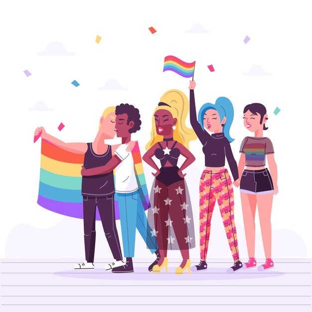 Ilustración con personas celebrando el concepto del día del orgullo