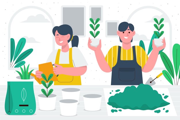Ilustración de personas cuidando plantas.