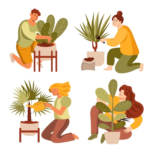 Vector gratuito ilustración de personas cuidando plantas.