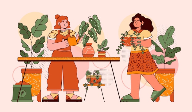 Ilustración de personas cuidando plantas.