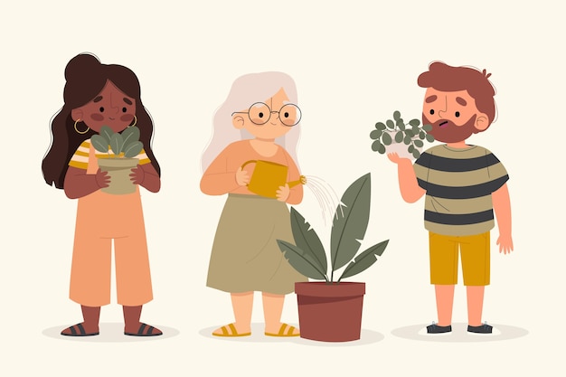 Ilustración de personas cuidando plantas.