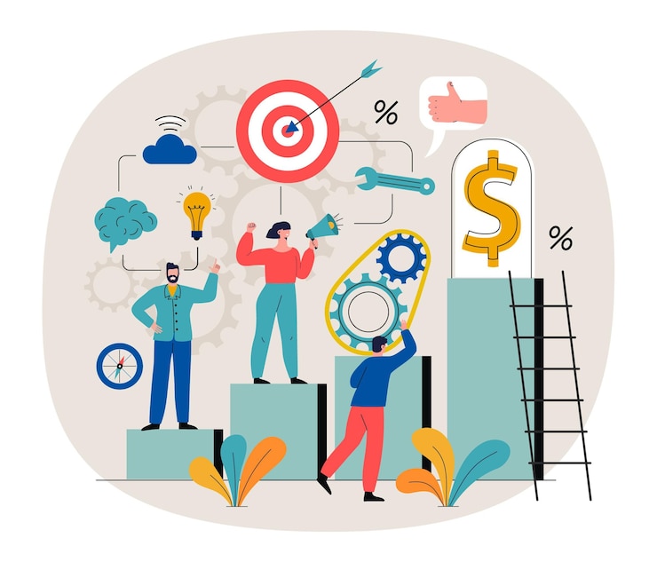 Vector gratuito ilustración con personas y diferentes objetivos para lograr lo esencial.