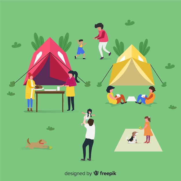 Ilustración de personas haciendo camping.