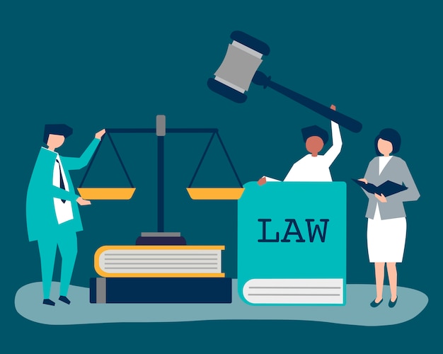 Ilustración de personas con justicia y orden de iconos.