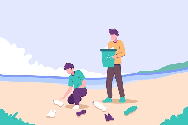 Ilustración de personas limpiando playa