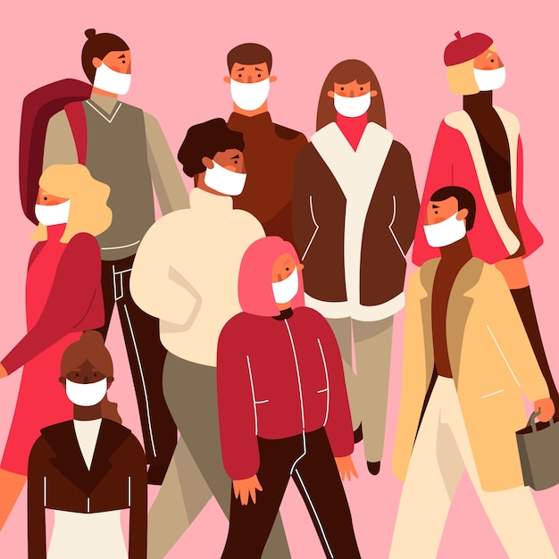 Ilustración con personas con máscara médica