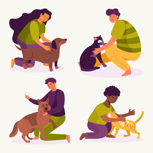 Ilustración de personas con mascotas.