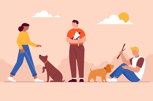 Ilustración de personas con mascotas.