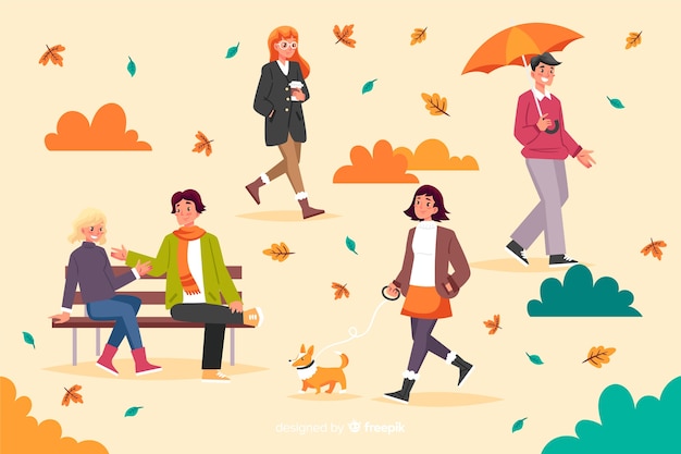 Ilustración de personas en el parque otoño