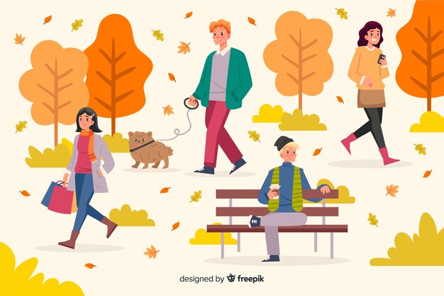 Ilustración de personas en el parque de otoño