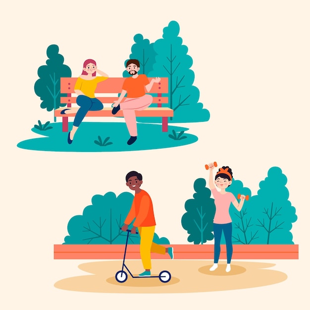 Vector gratuito ilustración de personas que realizan actividades al aire libre.
