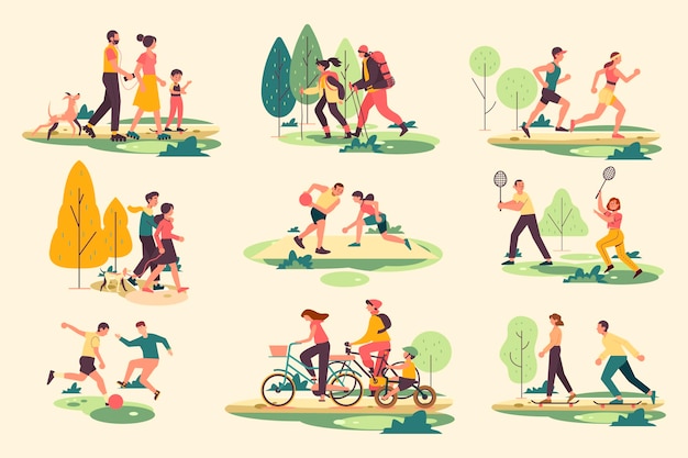 Vector gratuito ilustración de personas que realizan actividades al aire libre.