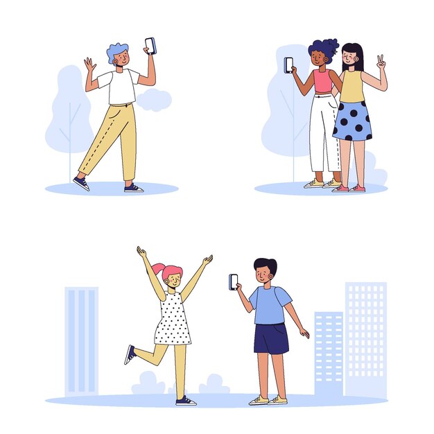 Ilustración de personas que toman fotos con teléfonos inteligentes.