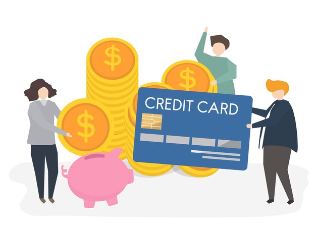 Ilustración de personas con tarjeta de crédito y dinero.