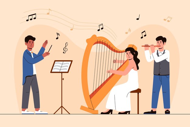 Ilustración de personas tocando música clásica.