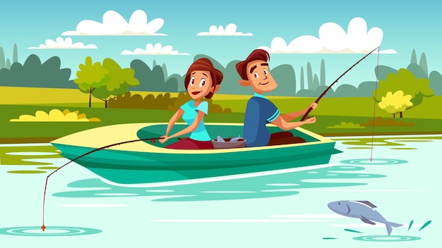 Vector gratuito ilustración de pesca de pareja de hombre y mujer en barco con varillas en el lago