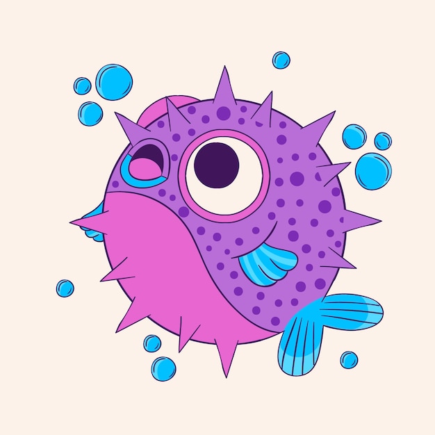 Ilustración de pez globo de dibujos animados dibujados a mano