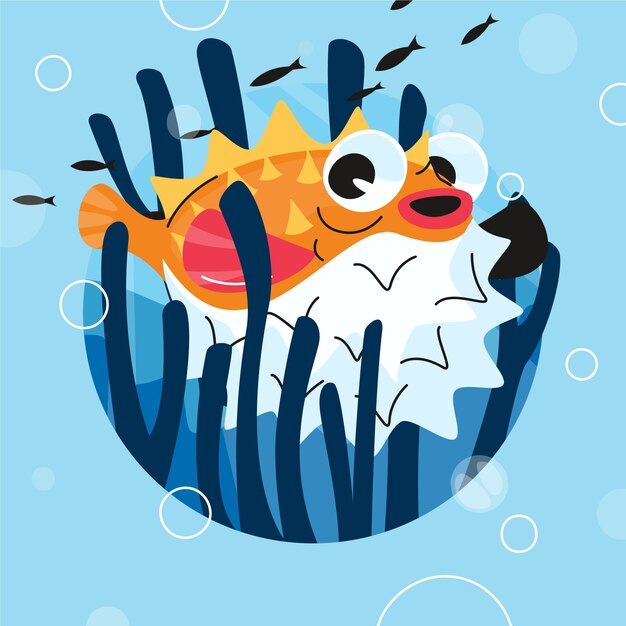 Ilustración de pez globo de dibujos animados plana