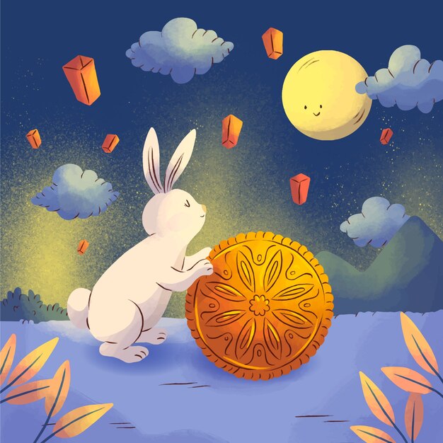 Ilustración pintada a mano para la celebración del festival chino del medio otoño