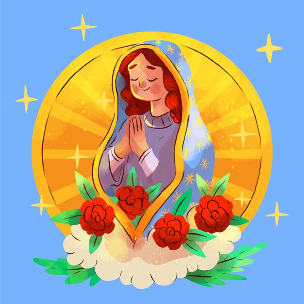 Ilustración pintada a mano de la Virgen de Guadalupe