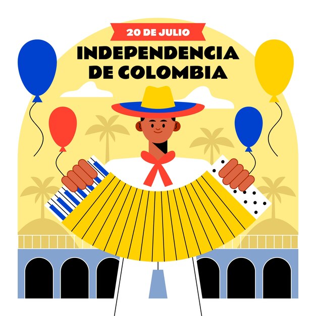 Ilustración plana del 20 de julio con hombre tocando acordeón y globos.