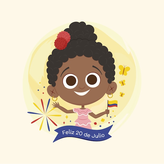 Vector gratuito ilustración plana del 20 de julio con un niño sosteniendo la bandera colombiana