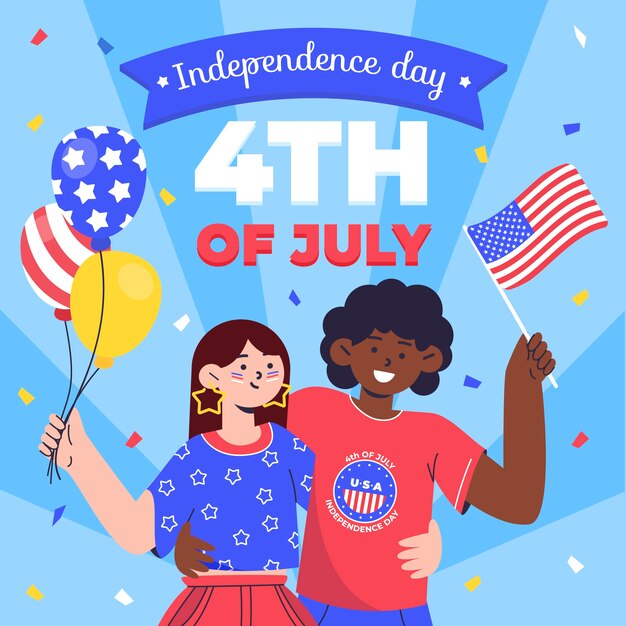 Ilustración plana del 4 de julio con gente celebrando