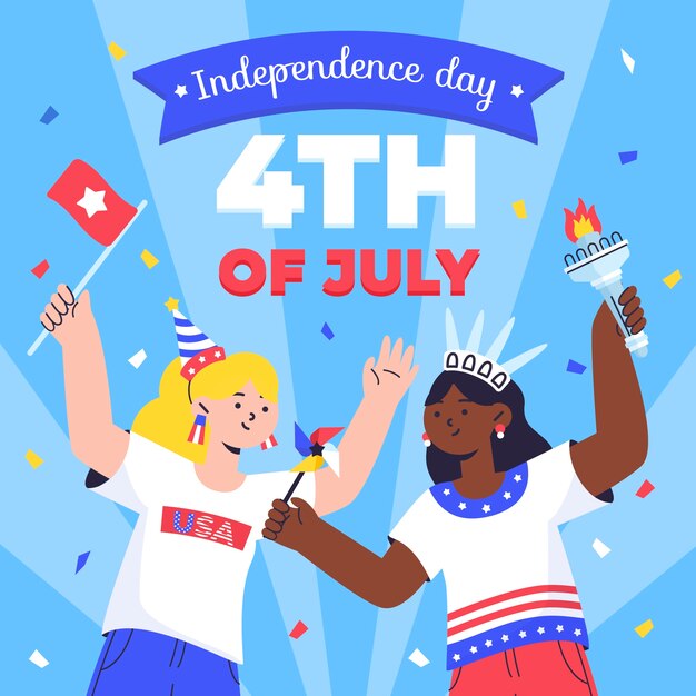 Ilustración plana del 4 de julio con gente celebrando