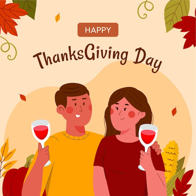 Vector gratuito ilustración plana de acción de gracias con pareja brindando con vino