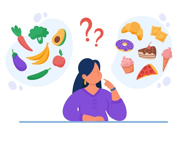 Ilustración plana de alimentos saludables vs no saludables