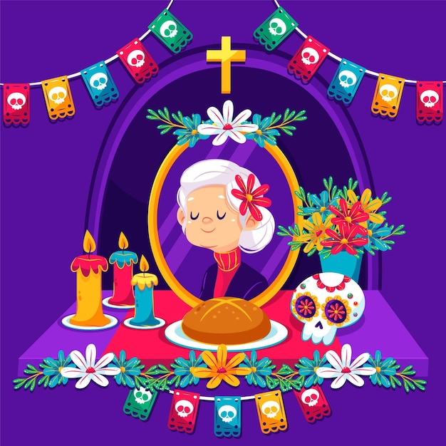 Vector gratuito ilustración plana del altar del hogar de la familia de dia de muertos