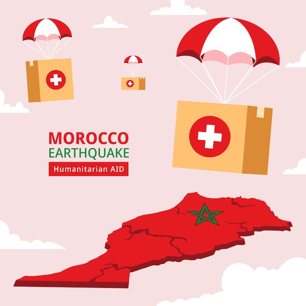 Vector gratuito ilustración plana para la ayuda humanitaria del terremoto de marruecos con cajas de paracaídas y mapa