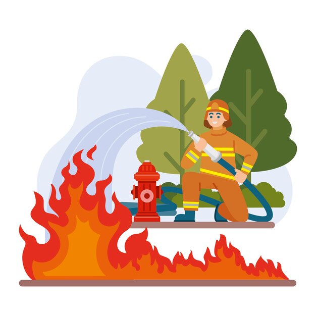 Ilustración plana de bomberos apagando un incendio