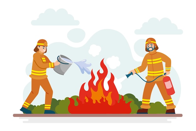 Ilustración plana de bomberos apagando un incendio