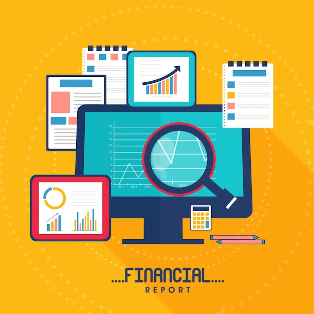 Ilustración plana de Business Financial Report con dispositivos digitales y documentos en papel.