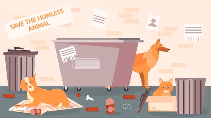 Vector gratuito ilustración plana de la calle de animales sin hogar con vista del lugar de la calle secundaria y mascotas rodeadas de botes de basura