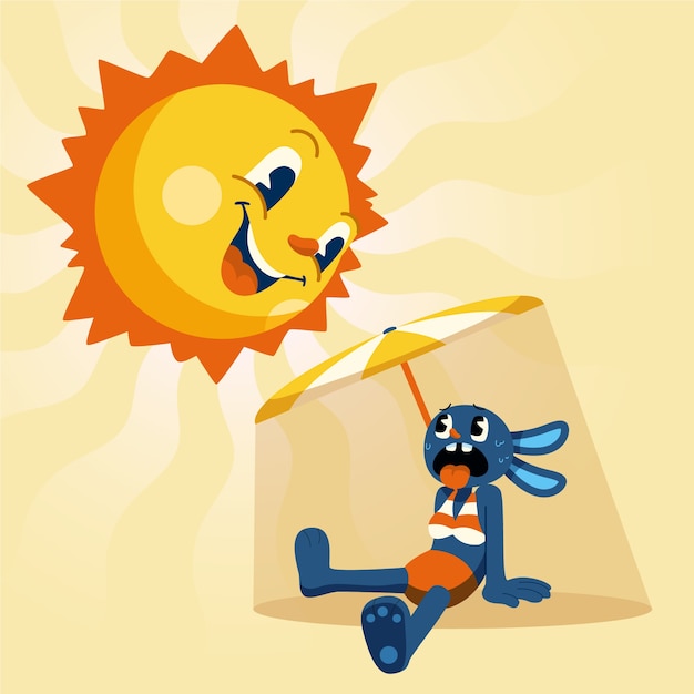 Vector gratuito ilustración plana de calor de verano con dibujos animados frente al sol