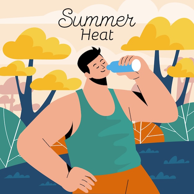 Vector gratuito ilustración plana de calor de verano con hombre bebiendo agua de botella