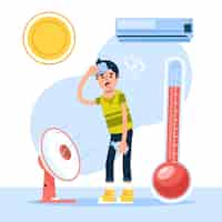 Vector gratuito ilustración plana de calor de verano con hombre frente a ventilador y aire acondicionado