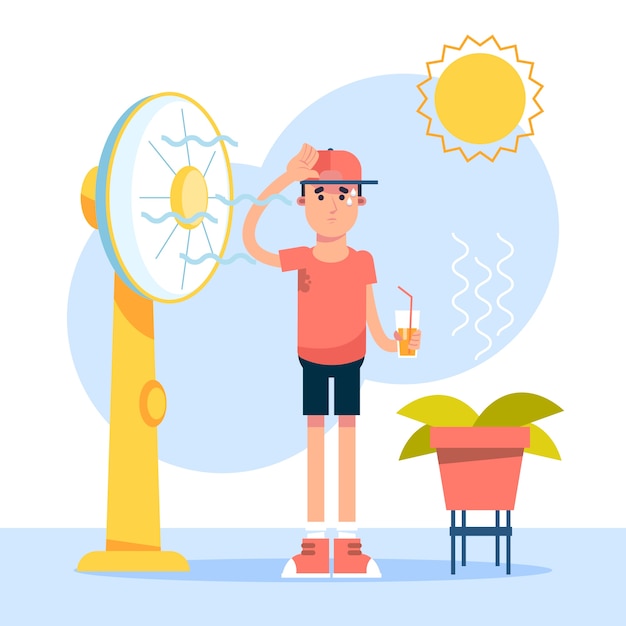 Ilustración plana de calor de verano con hombre frente a ventilador